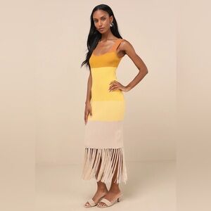 Lulus Delfi Yellow Color Block Fringe Sweater knit Midi Dress boho resortwear